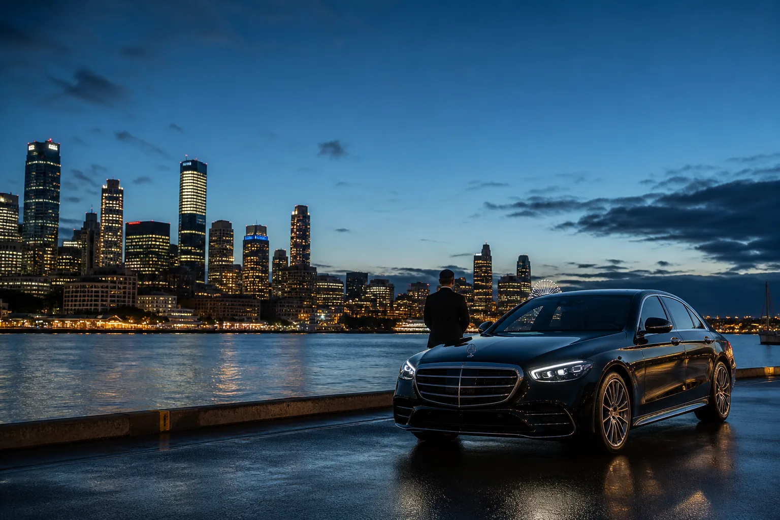 AI-generated campaign visual of a black Mercedes-Benz chauffeur vehicle against a generic Sydney Harbour and CBD skyline