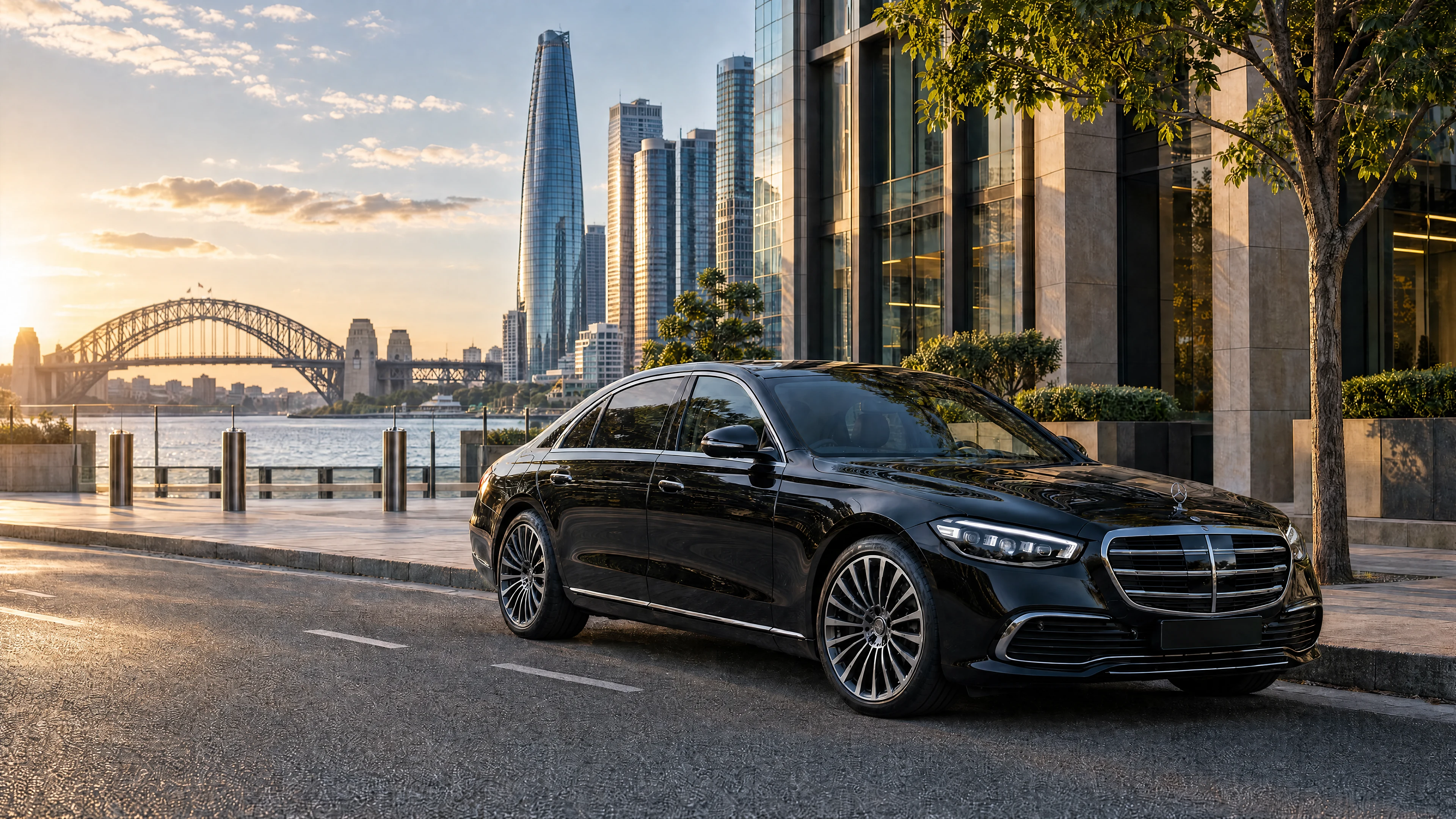 A black Mercedes-Benz S-Class beside Sydney Harbour and a modern city office precinct at golden hour