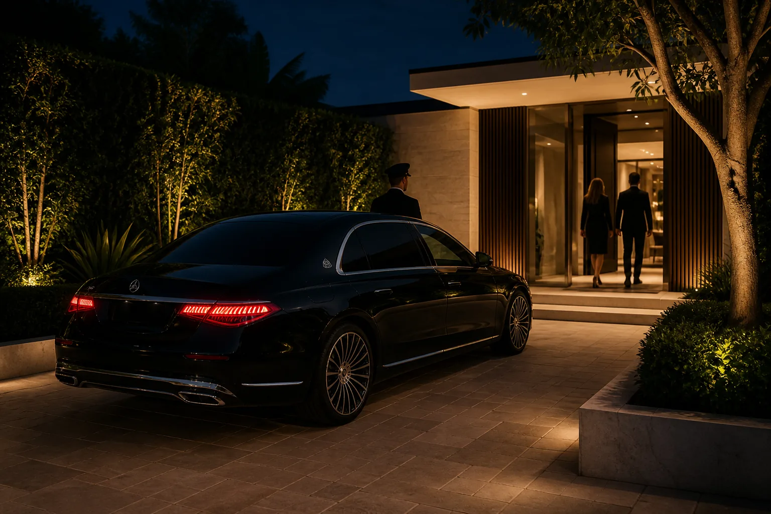 Black Mercedes-Maybach arriving at a private Sydney residence at night
