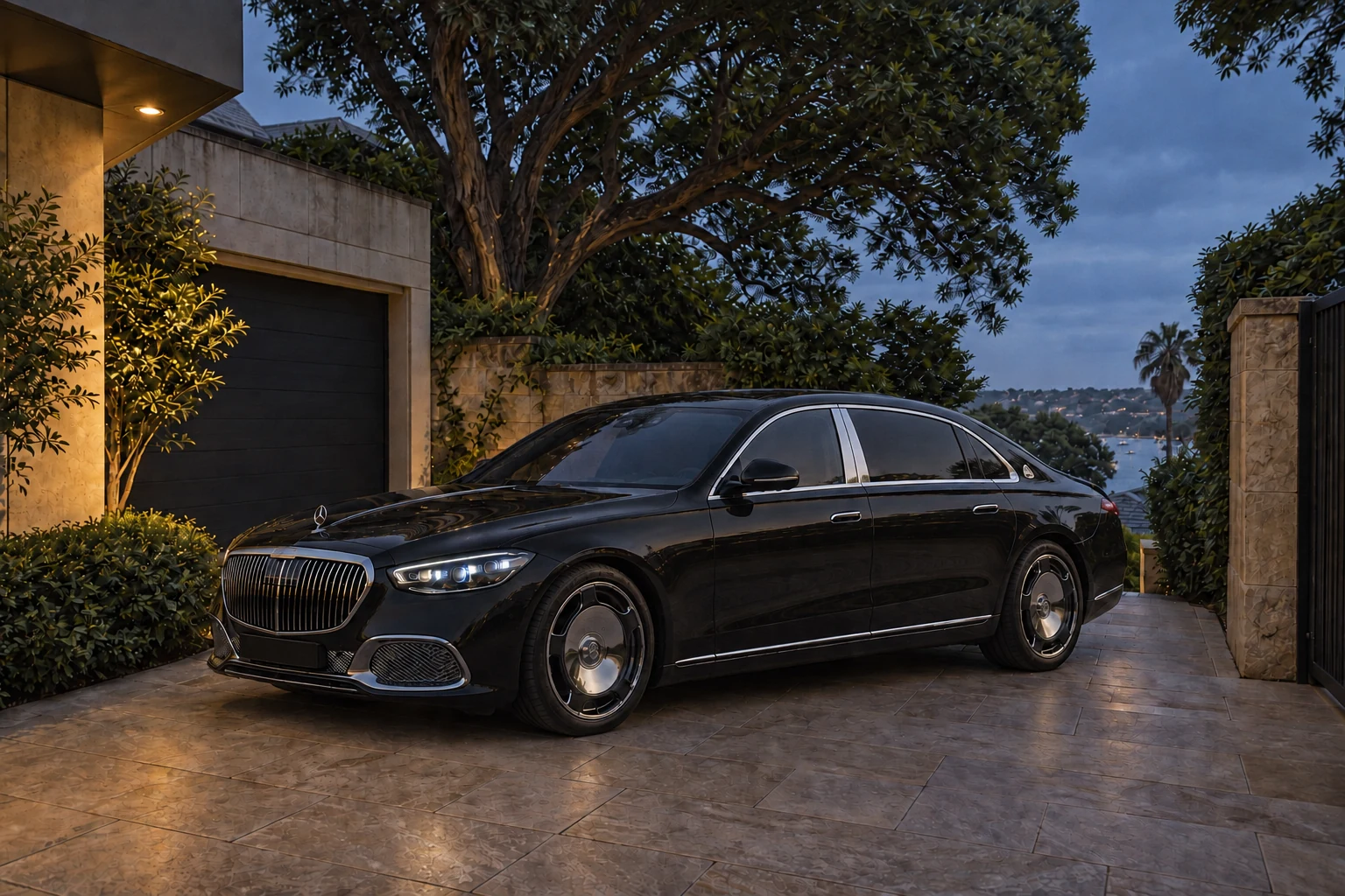 Black Mercedes-Maybach S 680 on a private harbourside driveway at blue hour