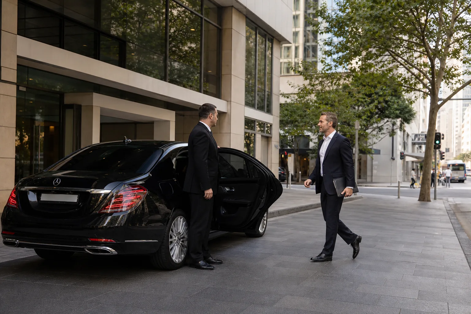Mercedes-Benz S-Class chauffeur opening door for corporate executive in Sydney CBD