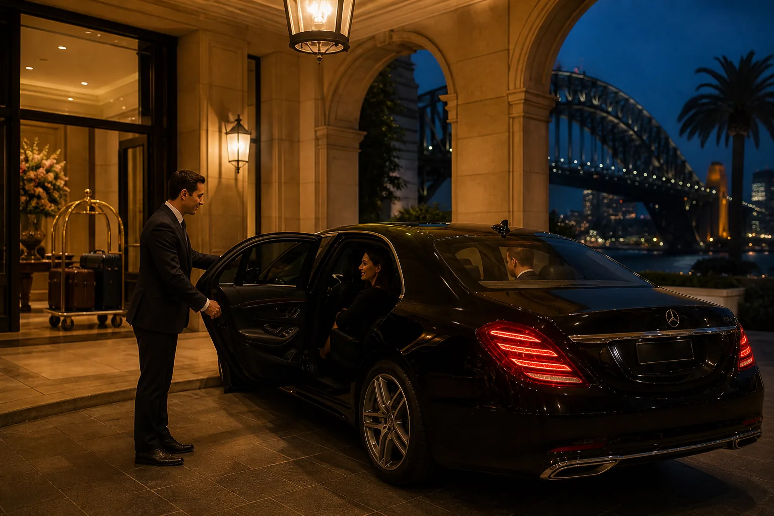 A Mercedes-Benz chauffeur service at a Sydney CBD hotel forecourt
